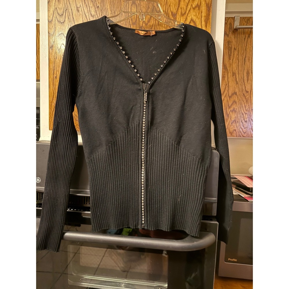 Bellami Womens Black Rhinestone Embellished Zip Front Cardigan Sweater Size L‎